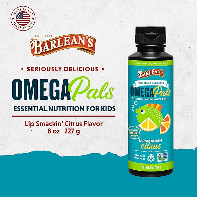 Barlean's Omega Pals Lipsmackin' Citrus Flavored Omega-3 for Kids, Yummy Children's Liquid Fish Oil Supplement with 750 mg of EPA & DHA for Brain & Eye Health, 8 oz