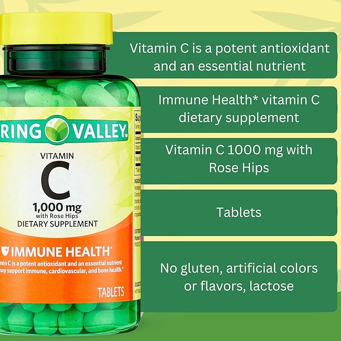 Spring Valley Vitamin C 1000mg with Rose HIPS Tablets Dietary Supplement, 500 Count, Antioxidant Protection* (Pack of 1)