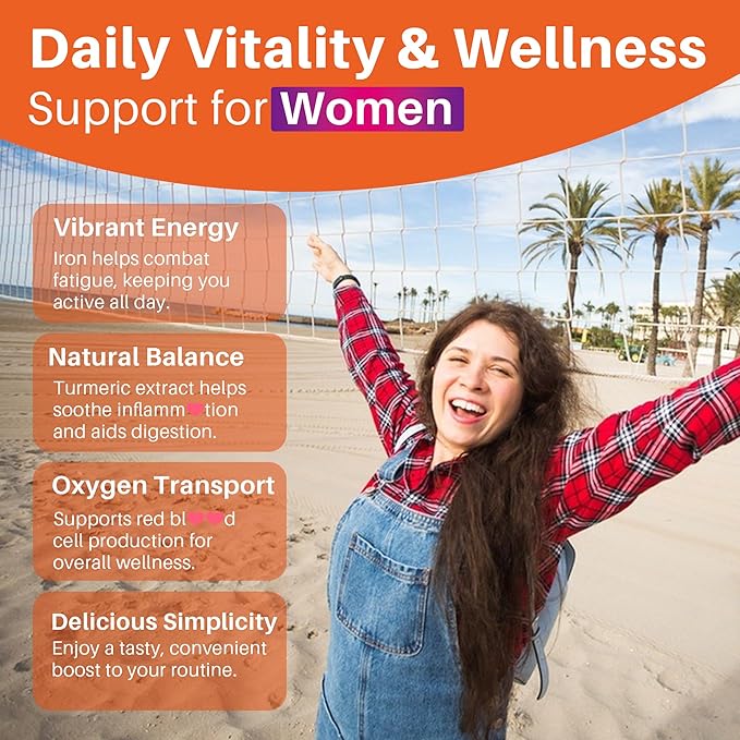 Sugar Free Iron Gummies 18mg for Women Men, Iron Bisglycinate Supplement Gummies with Vitamin C, Turmeric & Folate - Blood Builder for Anemia & Energy Deficiency - 2 Pack