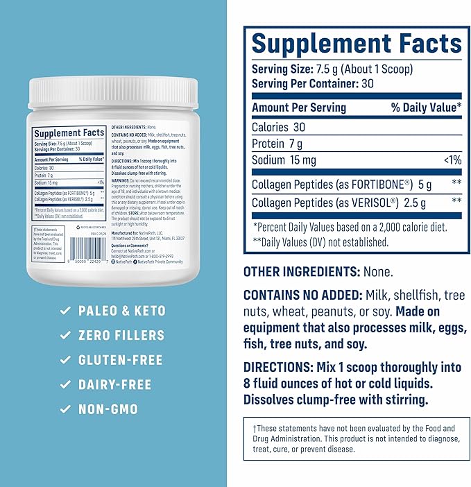 NativePath Bone Health Collagen Peptides, Type 1 & 3, with Fortibone and Verisol, 7.9 Ounce, 30 Servings
