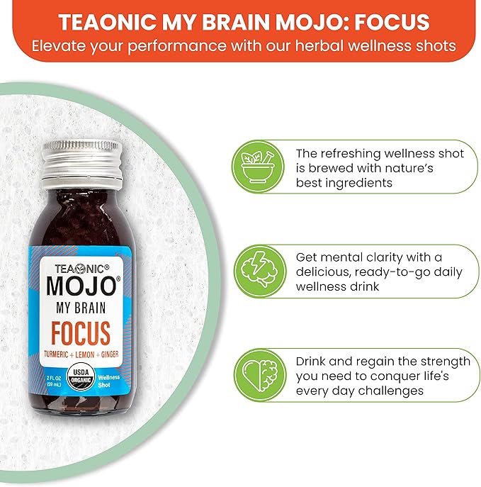 TEAONIC My Brain Mojo: Focus Wellness Shots - USDA-Certified Vegan Formula with Ginkgo Biloba, Ginger, Turmeric - 12 Bottles x 2 Fl Oz Each - Gluten-Free, Non-GMO