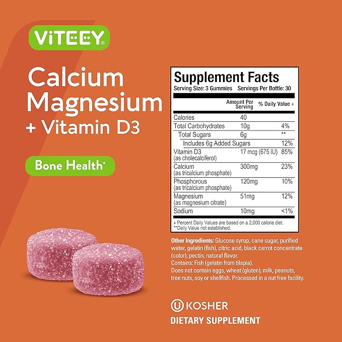 VITEEY Calcium Gummies with Vitamin D3 & Magnesium - Supports Bone Health, Immune Support, Energy and Muscle Function - Dietary Vitamin, for Men Woman and Teens, Chewable Fruit Flavored Gummy