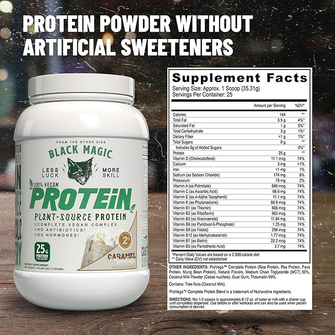 Worldwide Nutrition Bundle Compatible with Black Magic Multi-Source Protein Powder - Vegan Caramel Macchiato | High Protein Powder, Low Carb, Low Sugar | Whey, Egg & Casein Blend - 2 LB with Keychain