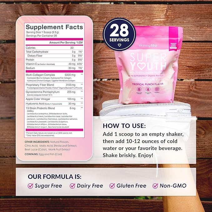 SkinnyFit - Super Youth, Tropical Punch (30 Servings) - Multi Collagen Peptides Powder - Probiotics, Fiber, Hyaluronic Acid - Collagen for Women - Non GMO, Gluten Free, Sugar Free - Beauty & Self Care