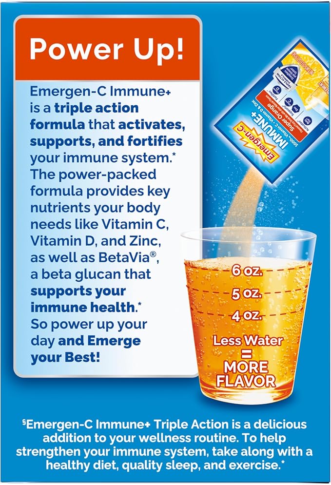 Emergen-C Immune+ Triple Action Immune Support Powder, BetaVia (R), 1000mg Vitamin C, B Vitamins, Vitamin D and Antioxidants, Super Orange – 30 Count (Pack of 1)