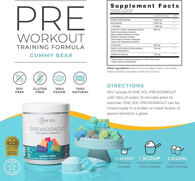 One Sol Pre-Workout for Women, Enhanced Pump & Focus, No Jitters Or Crash, Natural Ingredients, 100% Vegan, Gluten Free & Soy Free, (Gummy Bear)