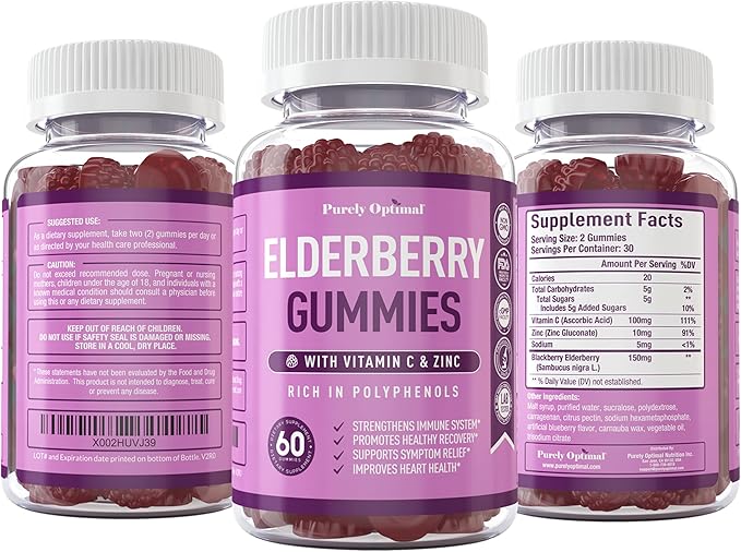 Purely Optimal Elderberry Gummies - Immune Support Supplement with Vitamin C & Zinc, Organic Black Elderberry Extract, Vegan, Non-GMO, Gluten-Free, 60 Count