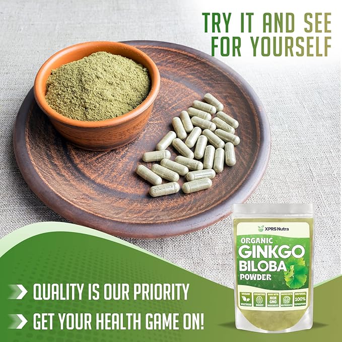 XPRS Nutra Organic Ginkgo Biloba Powder - Gingko Biloba Supplements for Cognition - Vegan Friendly Ginkoba Biloba Organic - Immunity Boosting Ginkgo Biloba Powder (16 oz)
