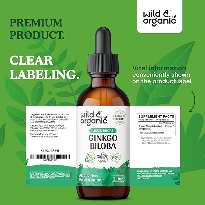 Wild & Organic Ginkgo Biloba Tincture - Brain & Focus Support with Ginkgo Leaf Supplement - Vegan, Sugar & Alcohol-Free Herbal Extract Tincture - 2 fl oz
