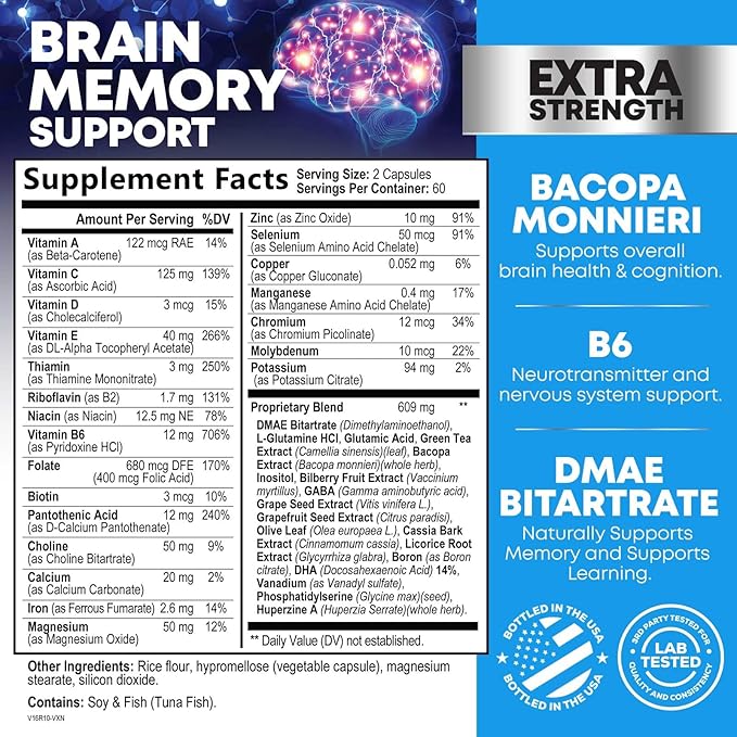Brain Supplements for Memory and Focus - 40 Nootropics & Vitamins to Support Mental Alertness, Clarity & Concentration, Brain Health Cognitive Memory Pills, B6, B12, Phosphatidylserine - 120 Capsules