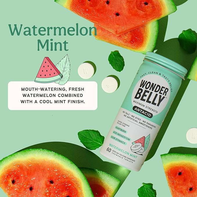 Wonderbelly Antacid, Effective Heartburn and Instant Acid Indigestion Relief, Extra Strength Chewable Tablets, 1000 mg Calcium Carbonate, No Talc or Dye, Watermelon Mint, 60 Count