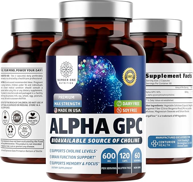 Number One Nutrition Premium Alpha GPC Choline Capsules 600mg, Natural Brain Supplement to Support Focus, Memory, Clarity and Energy, 120 Veg Caps
