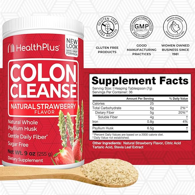 Health Plus Colon Cleanse Digestive Support | No Artificial Flavors | Daily Fiber for Toxin Elimination To Reduce Bloating | Psyllium Husk | Strawberry Flavor | 9 Ounces, 36 Servings