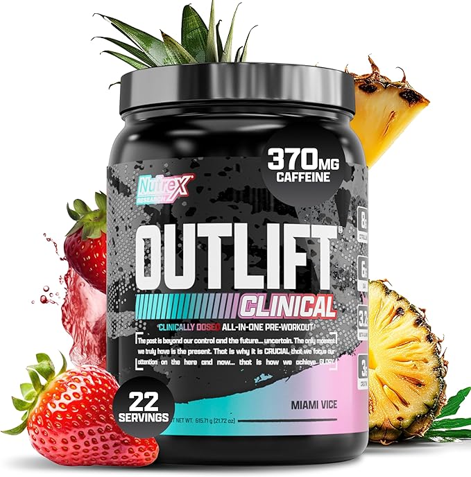 Nutrex Research Outlift Clinical | Clinically Dosed Pre Workout Powder with Creatine, 8G Citrulline, EAA | Energy, Performance, Pump Preworkout | Pineapple and Coconut | (22 Servings, Miami Vice)