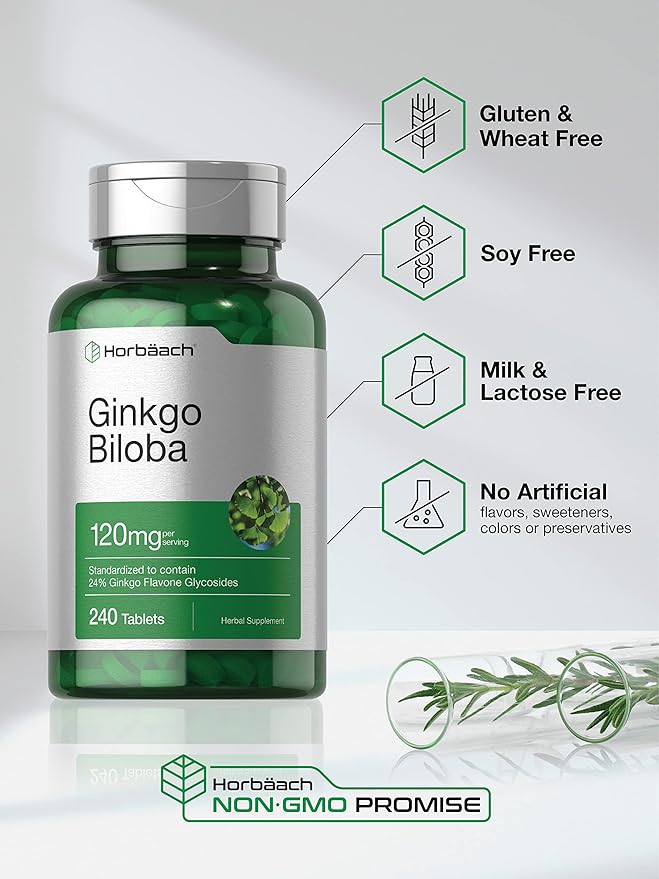 Horbäach Ginkgo Biloba Supplement | 120mg | 240 Tablets | Standardized Herbal Extract | Flavone Glycosides | Vegetarian, Non-GMO, and Gluten Free