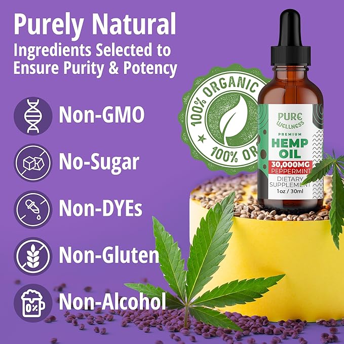 Organic Hemp Seed Oil (3 Oz), Peppermint Flavor, High Potency 30,000 mg - Helps in Natural Relief, Sleep, Relaxation & Mood, Transparent Hemp Oil Dosage, Non-Habit Forming - Non-GMO, Vegan