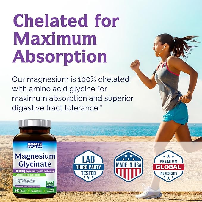 Innate Vitality Magnesium Glycinate 1000mg Per Serving | 140mg Elemental Magnesium Supplement - High Absorption, Non Buffered, Non-GMO & No Gluten - Nerve, Muscle, Bone & Heart Health - 240 Caps