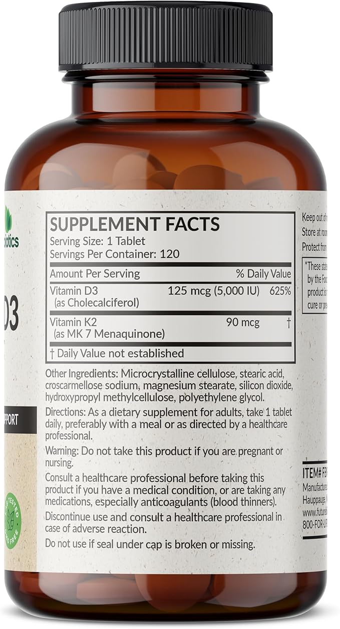 Futurebiotics Vitamin K2 with D3, 2 in 1 Support, 5000 IU Vitamin D3 & 90 mcg Vitamin K2 MK-7 Non-GMO, 120 Tablets