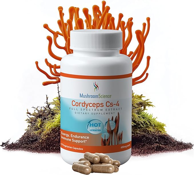 MushroomScience Cordyceps CS-4 Capsules, Full Spectrum Extract for Health, Energy & Endurance, Hot Water Extracted, Vegetarian, 400mg, 90 CT