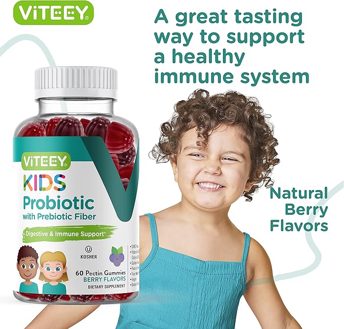 Probiotic Gummies for Kids Plus Prebiotics Fiber - 2 Billion CFUs - Digestive Health,Gut Health, Constipation Relief for Kids Support - Vegan, Gelatin Free - Chewable Probiotic Berry Flavored Gummy