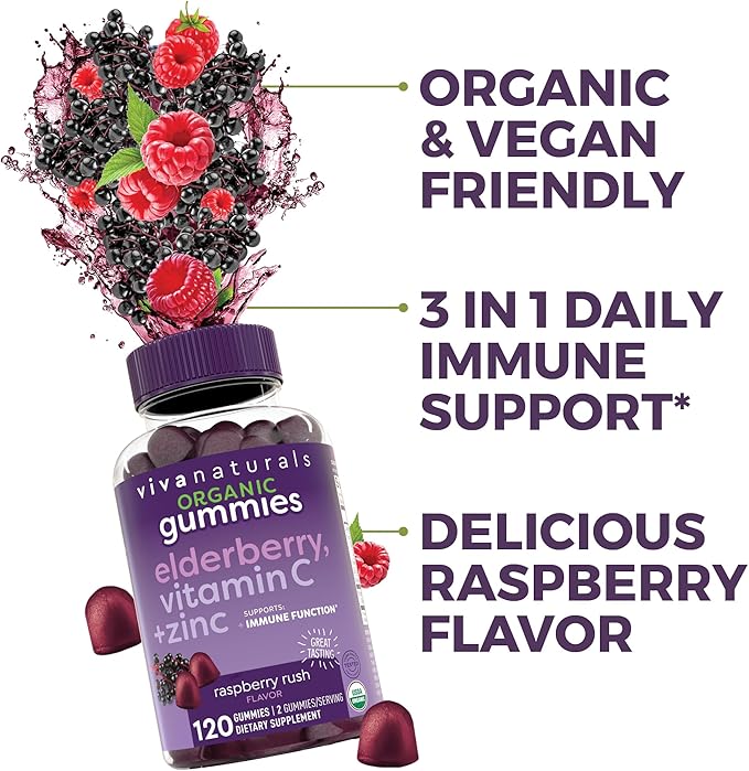 Viva Naturals Organic Sambucus Elderberry Gummies for Adults (120 Count) - 3in1 Black Elderberry Vitamin C and Zinc Immune Support Gummies, Chewable Elderberry Supplements, Zinc Immunity Gummies