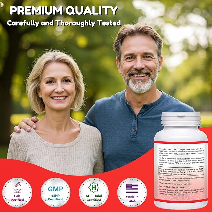 Halal Fish Oil 2000mg Softgels with 360mg EPA & 240mg DHA. 100 Wild Caught & Non-GMO Omega 3 Softgels for Heart & Brain Health. Burpless, Easy-to-Swallow Fish Oil Omega 3 Supplements