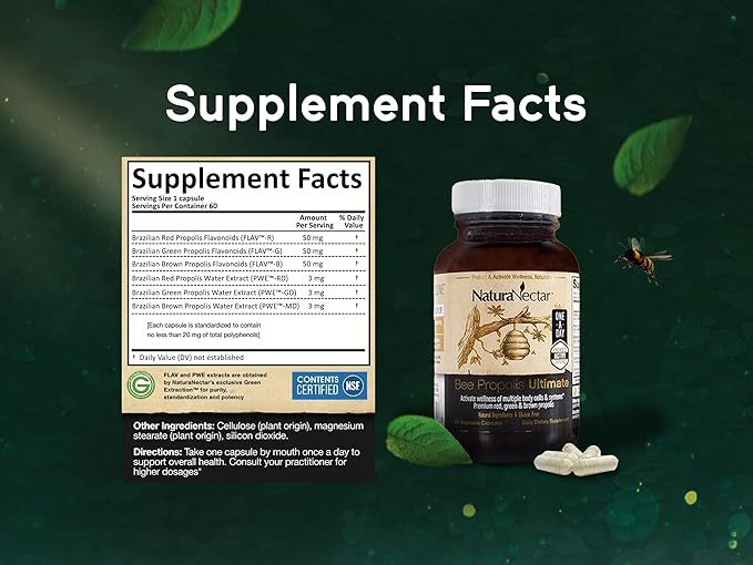 NaturaNectar - Ultimate Bee Propolis Capsules - NSF Contents Certified -Brazilian Red, Brown, & Green - Gluten-Free Supplement with Flavonoids - Naturally Sourced Through Ethical Beekeeping (60pcs.)