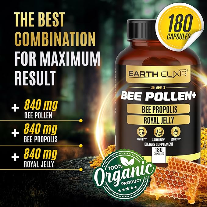 3-in-1 Organic Bee Pollen Capsule – Non-GMO, Pure Raw Bee Pollen, Royal Jelly, Propolis Extract for Women & Men – Natural Energy, Immune & Vitality Support – 180 Propolis Capsules