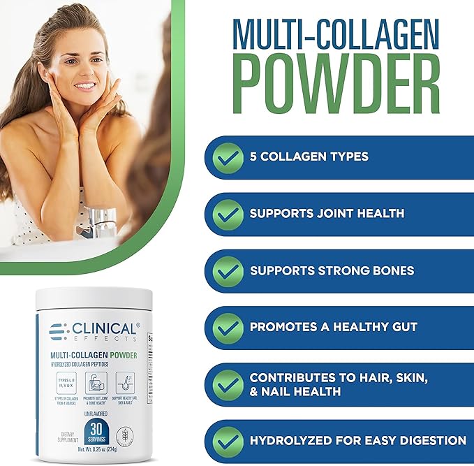 Clinical Effects Multi-Collagen Powder - Collagen Dietary Supplement - 8oz - 30 Servings - 5 Types of Quality-Sourced Multi-Collagen to Support Joint, Bone, Skin and Nail Health - Fast Absorption