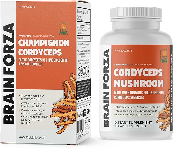 Brain Forza Organic Cordyceps Capsules - Cordyceps Sinensis Mushroom Low-Oxygen Grown in The USA, Non-GMO, Vegan, Organic, 90 Capsules