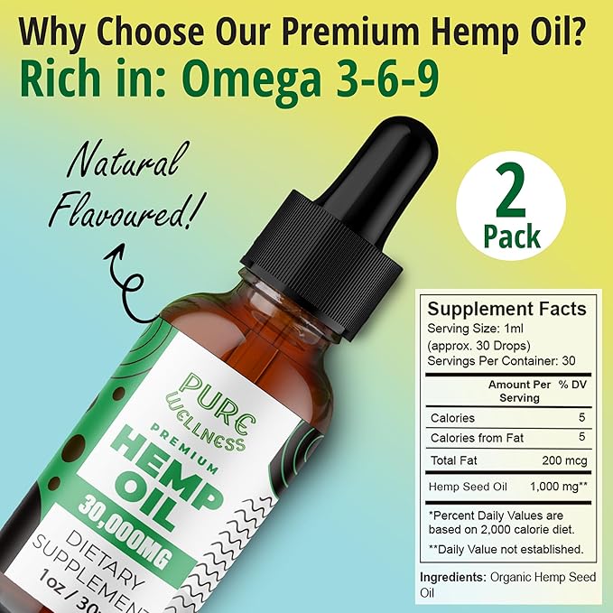 Pure Wellness Hemp Seed Oil Drops, Omega 3 6 9 Fatty Acids, Organic, Non-GMO, Vegan (Natural Hemp, 4-Pack)
