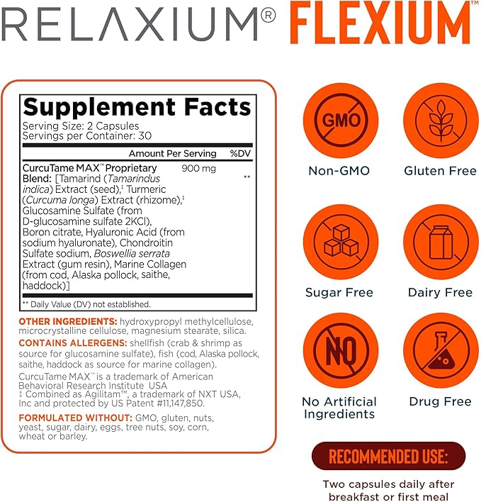 Relaxium Flexium Fast Acting Joint Support, Drug-Free, with CurcuTame Blend, Supports Joint Flexibility and Function, 60 Capsules