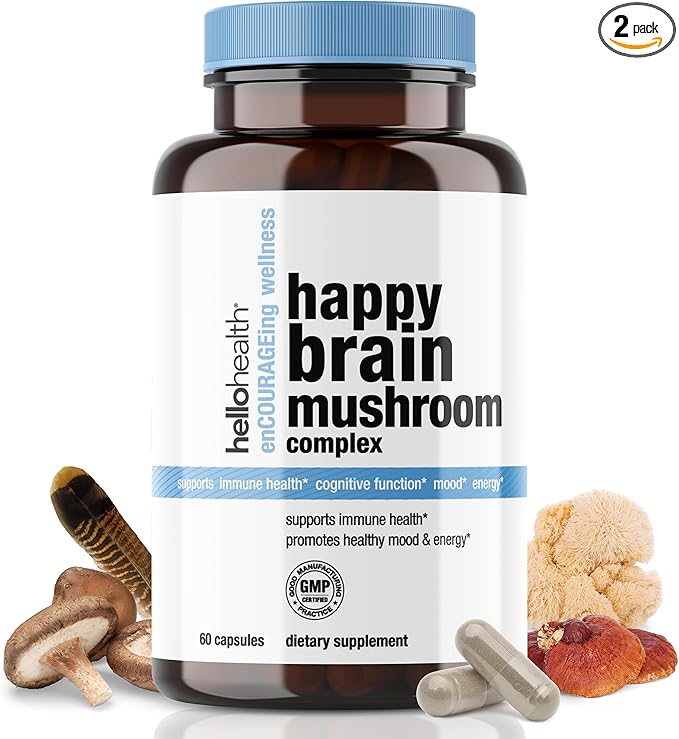 Happy Brain Mushroom Complex Nootropics Brain Support Supplement, 10 Mushroom Supplement: Lions Mane, Turkey Tail, Red Reishi, Shiitake Mushrooms for Improved Clarity, Energy, Immune Support 60ct. 2pk
