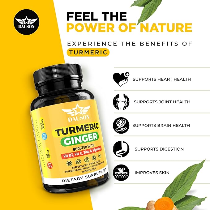 Turmeric Supplement with Ginger, Piperine, Vitamins & Zinc | High Bioavailability Joint Support | Gut, Heart, Brain & Skin Health | Curcumin Immune Booster | 60 Capsules