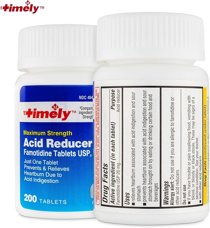 Timely Acid Reducer Famotidine 20mg - Compare to the active ingredient in Maximum Strength Pepcid AC - Anatcid Acid Reflux Medicine for Heartburn Relief and Acid Indigestion Symptoms - 200 Tablets