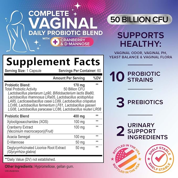 Vaginal Probiotics for Women pH Balance with Prebiotics, 50 Billion CFU, 10 Probiotic Strains, Cranberry, D-Mannose & XOS - Healthy Vaginal Odor & Flora, UT & Feminine Digestive Health - 60 Capsules