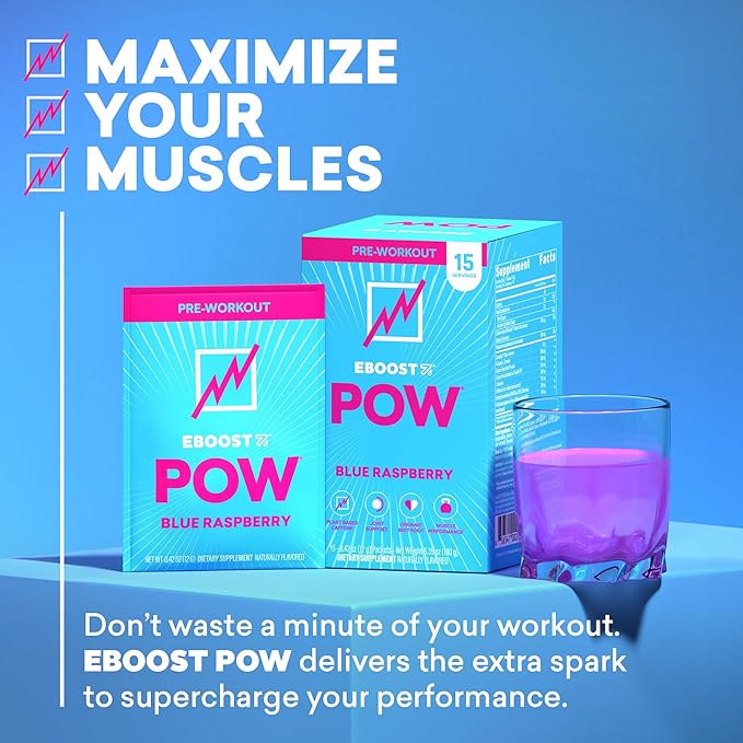 EBOOST POW Natural Pre Workout Powder - 15 Packets, Blue Raspberry - Preworkout Energy Booster Gym Supplement Drink Mix for Men and Women - Performance, Joint Mobility Support - Gluten-Free