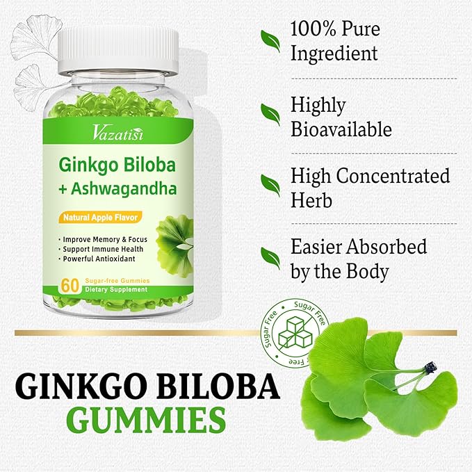 Ginkgo Biloba Gummies with Panax Ginseng for Better Mood and Focus, Booster Brain Health, 120 Vegan Apple Flavor Gummies