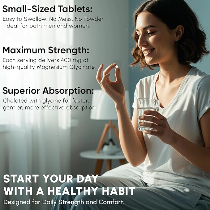 400 mg Magnesium Glycinate 180 Tablets Non Buffered High Absorption Non-GMO Promotes Cardiovascular Health Supplement for Stress Relief, Sleep, Heart Health, Ease Muscles, Calm Headaches Pack of 2