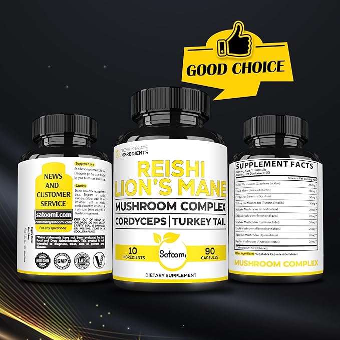 Satoomi Reishi Supplement Complex 5000Mg - 10in1 Combined with Lions Mane, Cordyceps Sinensis, Chaga Mushroom & Others - 90 Capsules for 3 Months