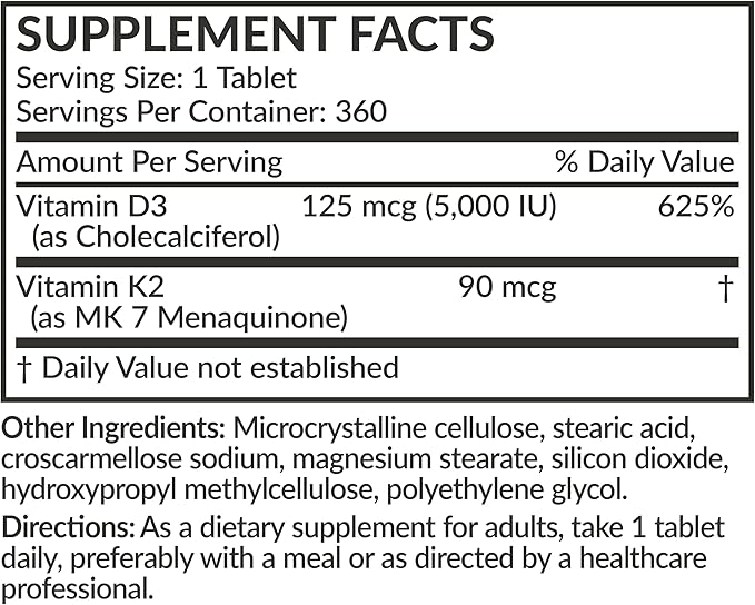 Futurebiotics Vitamin K2 with D3, 2 in 1 Support, 5000 IU Vitamin D3 & 90 mcg Vitamin K2 MK-7 Non-GMO, 360 Tablets