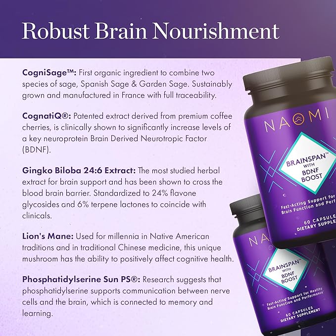 NAOMI Brainspan™ with BDNF Boost - Fast-Acting Support for Healthy Brain Function & Performance, Lion's Mane Mushroom, Ginkgo Biloba Extract, Garden Sage, Spanish Sage - 60 Capsules, 30-Day Supply