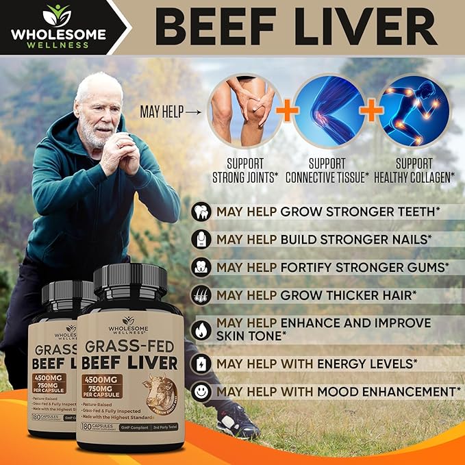 Wholesome Wellness Grass Fed Desiccated Beef Liver Capsules (180 Pills, 750mg Each) - Natural Iron, Vitamin A, B12 for Energy - Raised Undefatted in New Zealand Without Hormones or Chemicals