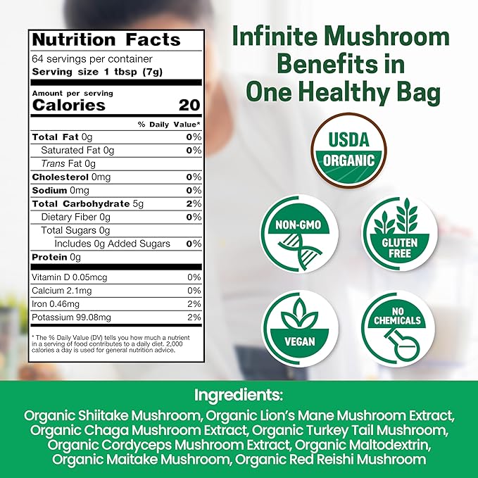 Z Natural Foods Organic 7 Sacred Mushrooms Blend - Mushroom Powder for Immune Health - Lion’s Mane, Cordyceps, Chaga, Red Reishi, Shiitake, Maitake & Turkey Tail Extract for Coffee, Smoothies, 1 lb