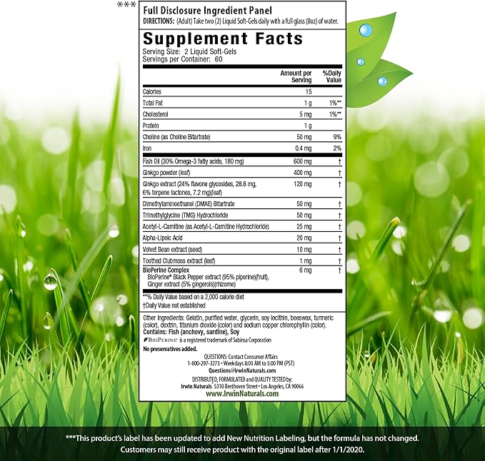 Irwin Naturals Ginkgo Smart Powerful Nootropic Brain Booster - Supports Maximum Memory, Focus & Mental Clarity with DMAE, Clubmoss, Choline & Acetyl L-Carnitine - 120 Liquid Softgels Twin Pack