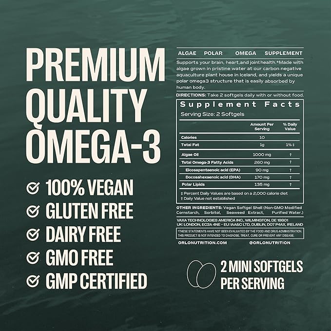 Orlo Omega 3 - Triple Strength Vegan Omega3s Supplement - Plant Based DHA & EPA Fatty Acids - Algae Omega-3 Oil - Krill or Fish Oil Alternative (60 Mini Softgels)