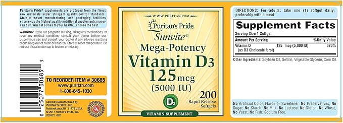 Puritan's Pride Vitamin D3 5000 IU Soft Gels, 0.3 Ounce