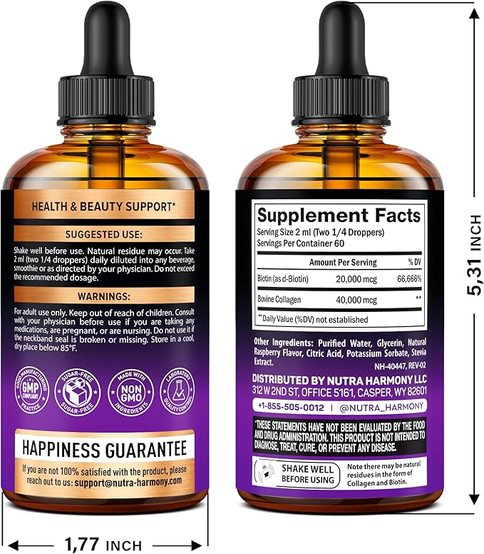 Liquid Biotin & Collagen - Vitamins for Hair Growth Support for Women & Men - Extra Strength 60000 mcg Drops - B7 Supplement - Strong Nails & Healthy Skin - 98% Faster Absorption Than Pills