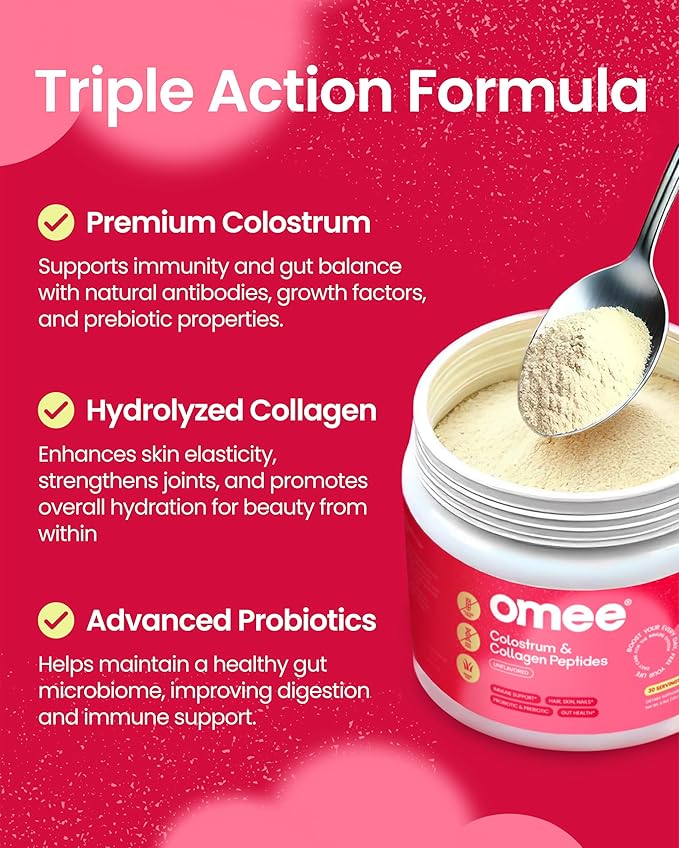 Bovine Colostrum and Collagen Powder | Hair Growth, Beauty, Skin & Nail Supplement | Gut Health, Immune Support | Probiotics | 40% IgG, Unflavored, Grass-Fed, Hydrolyzed, Gluten-Free, 30 Servings
