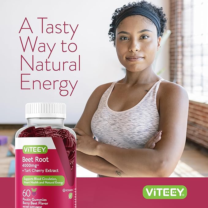 Viteey Beet Root Gummies 4000mg with Tart Cherry - for Healthy Blood Pressure Support - Vegan, Gelatin Free, Gluten Free - Tasty Chewable Berry Beet Flavored Gummy